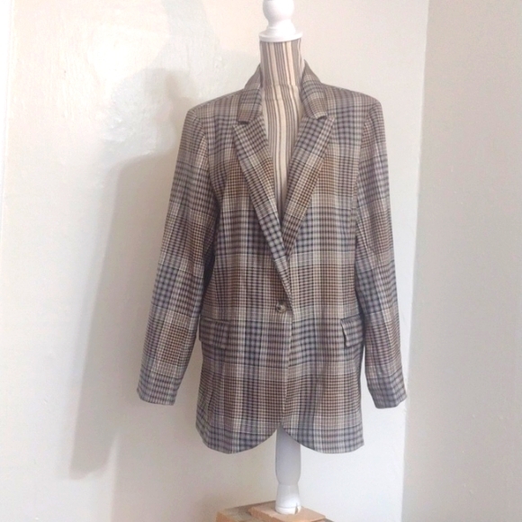 Marled Jackets & Blazers - Marled Tan Houndstooth Plaid Long Single Button Blazer Jacket Size XL